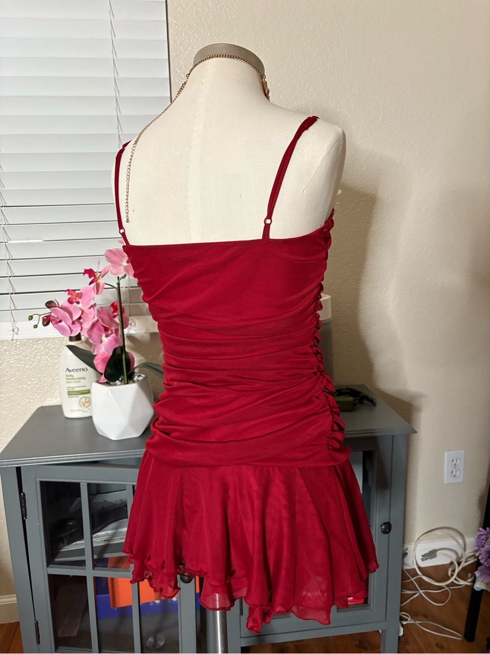 Red Spaghetti-Strap Ruched Mini Dress - Picture 4 of 5